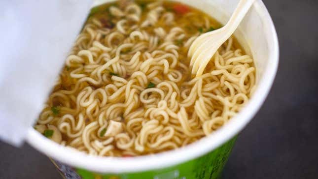 Instant ramen cup noodles with fork